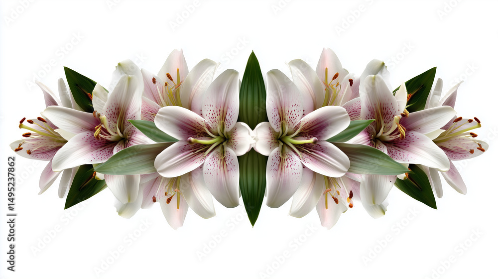Naklejka premium Stylized symmetrical composition of blooming lilies aligned horizontally, white backdrop