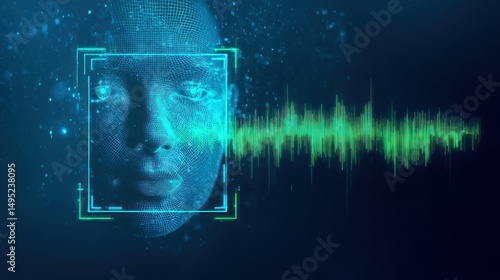 AI facial recognition system with sound waves and green signals on blue tech screen showing deepfake detectors, deepware scanner, sensity ai interface