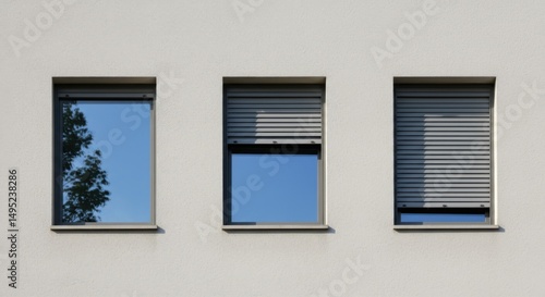 Three windows with different roller shutter positions on a white building exterior.