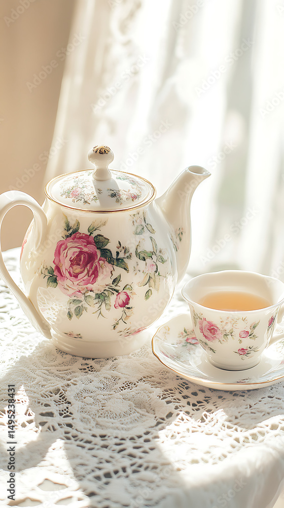 Fototapeta premium A floral teapot and teacup sit on a lace tablecloth in sunlit room