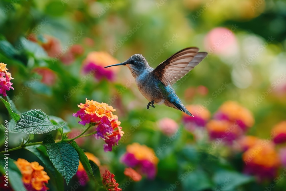 Fototapeta premium Hummingbird Hovering Near Colorful Flowers in Garden, Representing Natural Beauty and Environmental Awareness for Conservation Campaigns : Generative AI