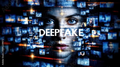 Wallpaper Mural Face made of computer screens with word DEEPFAKE in bold surrounded by digital features, showing deepfake detectors, deepware scanner, sensity ai alert Torontodigital.ca