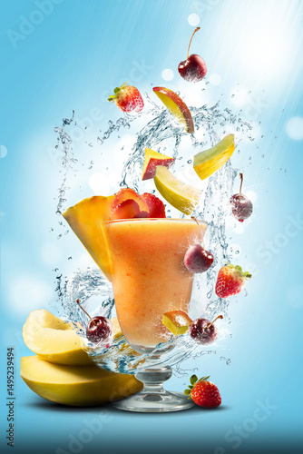 Creative splash of tropical smoothie with mango, pineapple, cherries, and strawberries in a glass. Refreshing summer juice explosion on blue background. Healthy tropical drink concept