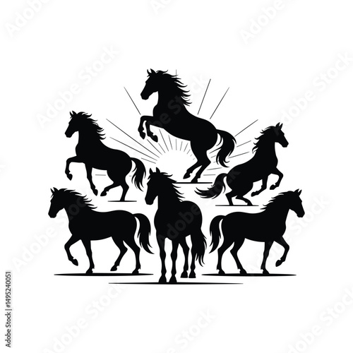 Set of Running Horse Silhouettes on White Background