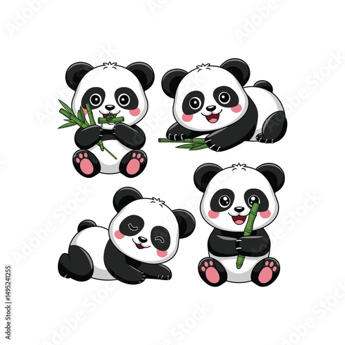 Cute Cartoon Panda Vector Set with Bamboo in Different Poses