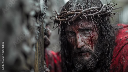 Jesus Christ in the crown of thorns carries the cross. The suffering of Christ, Carrying the cross, The Passion of Christ, Christ in the crown of thorns, The way of the cross, Resurrection. For Christ