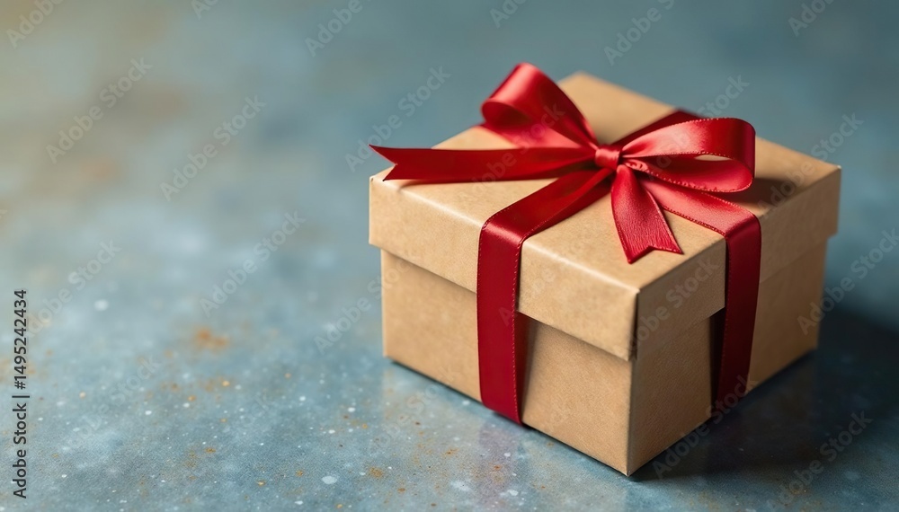 Fototapeta premium Elegant kraft parcel gift box with satin ribbon , delivery, flat lay