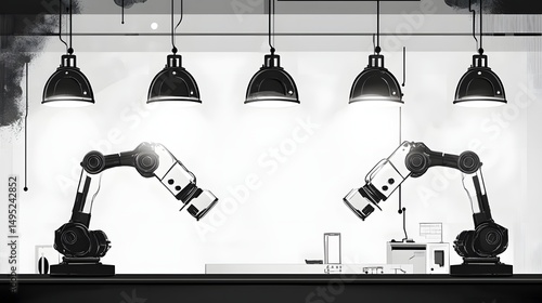 Industrial robotic arms in a grayscale laboratory setting.