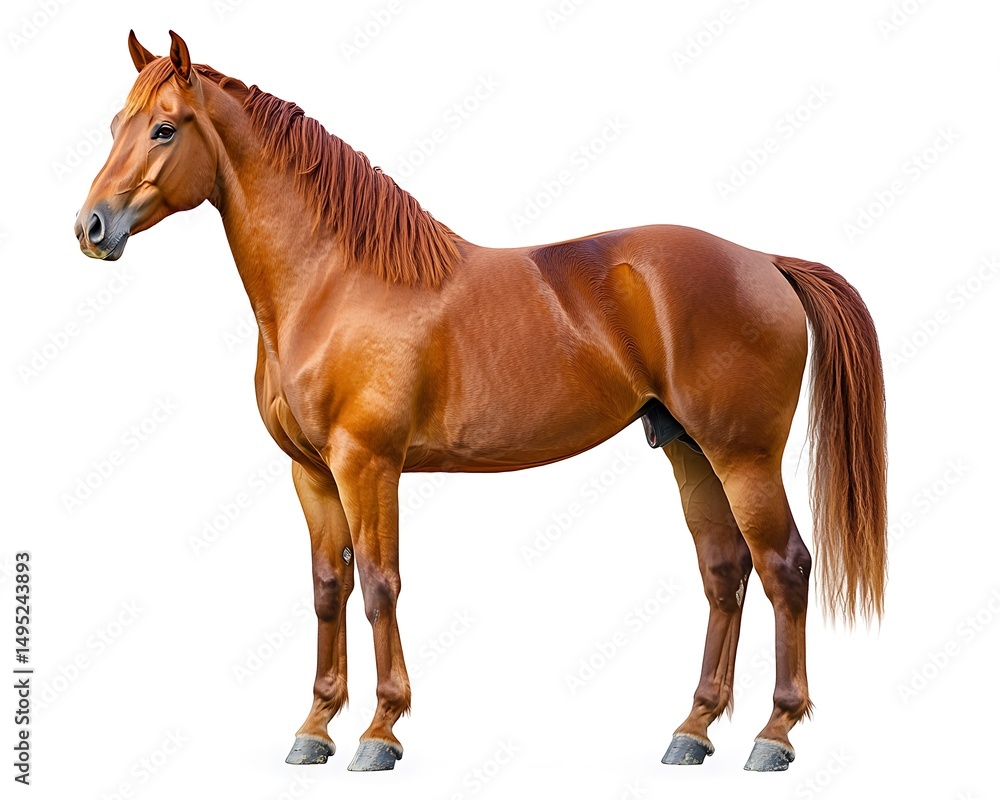 Fototapeta premium Chestnut horse, standing alone, full body, isolated on white backdrop, HD clarity.