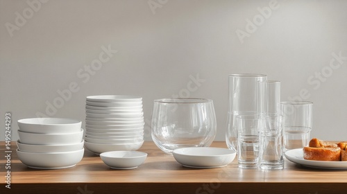 Modern tableware display on a wooden surface