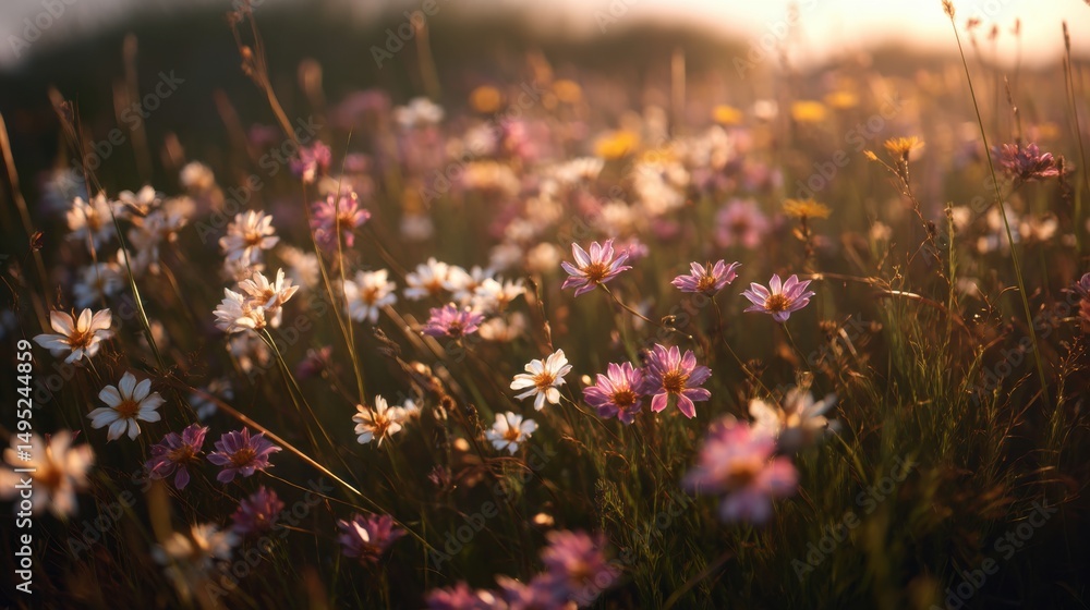 Obraz premium Wildflower Meadow at Sunset With Golden Light, Representing Natural Beauty and Environmental Awareness for a Sustainability Campaign : Generative AI