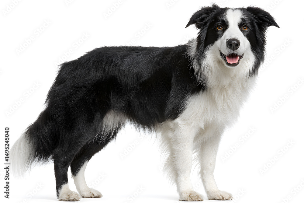 Fototapeta premium A joyful border collie stands against a plain backdrop, highlighting its playful spirit