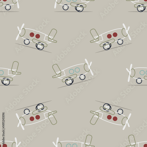 Vector seamless pattern with outline airplanes in retro style. Beige background with simplified flying machines. Ideal for boys textiles, wrapping paper or decor