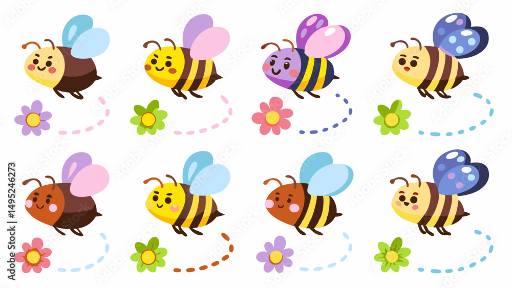 Fototapeta premium Whimsical Bee Gathering: A lively group of charming bees, each adorned with unique wings and joyful expressions, flits playfully around cheerful blossoms. Capturing the bright, lively.