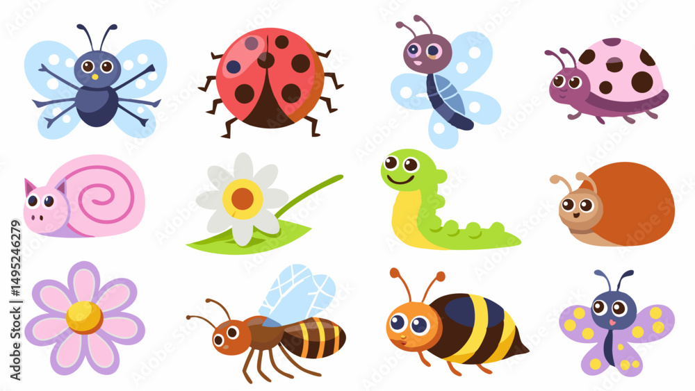 Whimsical Bugs and Bloom: A vibrant collection of friendly bug characters alongside cheerful blossoms, offering a delightful illustration of nature's smaller wonders. Whimsical Bugs and Bloom: A vibrant collection of friendly bug characters alongside cheerful blossoms, offering a delightful illustration of nature's smaller wonders.