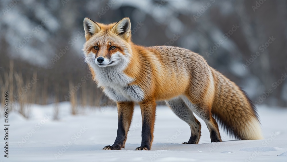 Arctic fox in summer coat with alert posture and bushy tail on white background
Arctic fox in summer coat with alert posture and bushy tail on white background