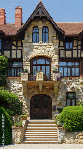 Stone mansion with gabled roof, balcony, and grand entrance.  Steps lead to large wooden door