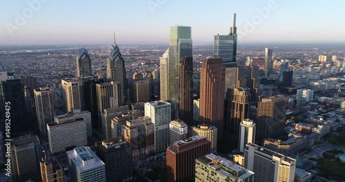 Philadelphia Cityscape Sunset Light in Background. Business District. 4k