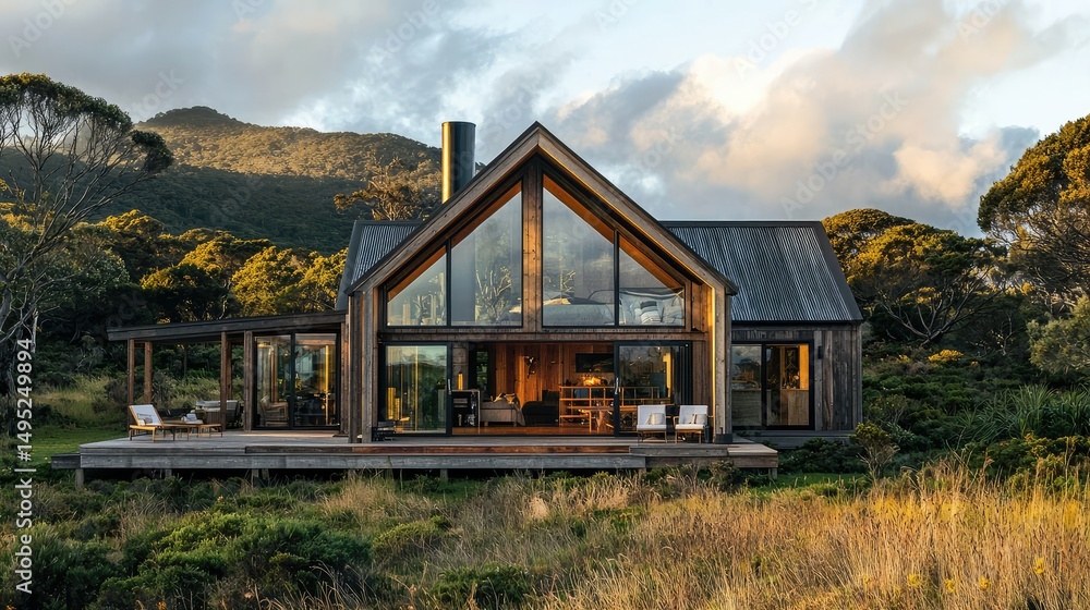 Obraz premium The stunning exterior of a Nordic-inspired wooden holiday home, with large windows offering breathtaking views of Wilson's Promontory National Park.