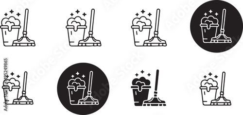Cleaning Icons Set Mop Bucket Soap Sparkle Clean