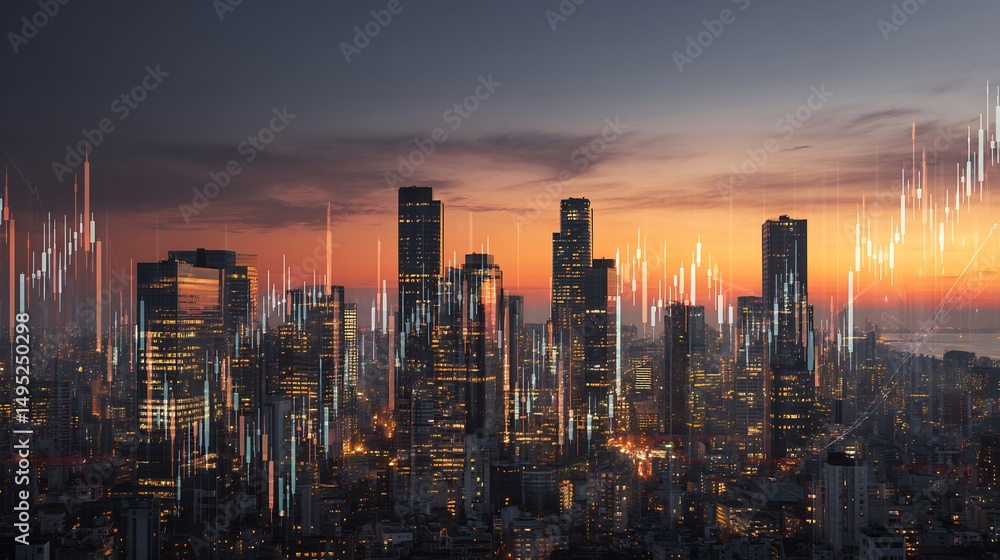 Obraz premium Futuristic financial graphs, stock market charts over a modern city skyline at sunset