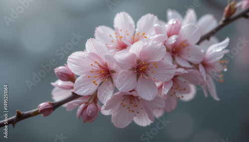 Beautiful sakura flowers, pink spring blooms on grey background.