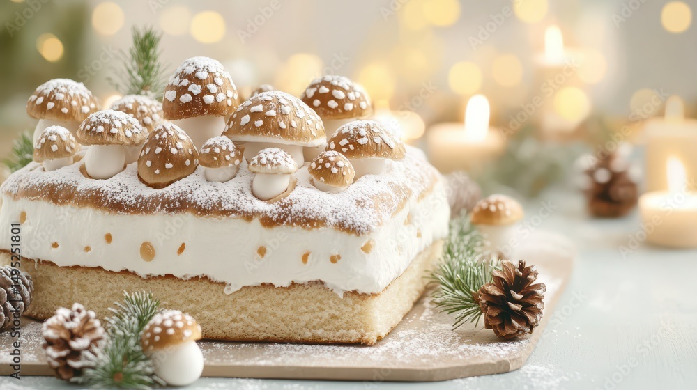 Whimsical Mushroom Cake: An artistic close-up of a delightful square cake adorned with whimsical mushroom-shaped decorations, inviting celebration and enjoyment. Whimsical Mushroom Cake: An artistic close-up of a delightful square cake adorned with whimsical mushroom-shaped decorations, inviting celebration and enjoyment.