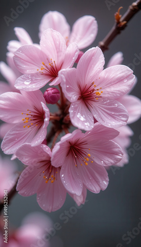 Delicate pink cherry blossoms with water droplets, macro view.