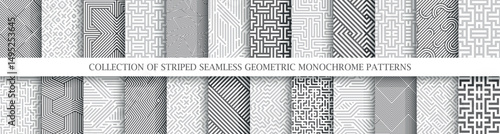 Collection of vector seamless geometric striped patterns. Black, white and gray abstract digital backgrounds. Monochrome linear textures. Endless unusual prints