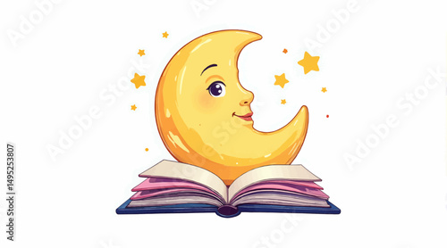 Cartoon crescent moon with a smiling face above an open book  