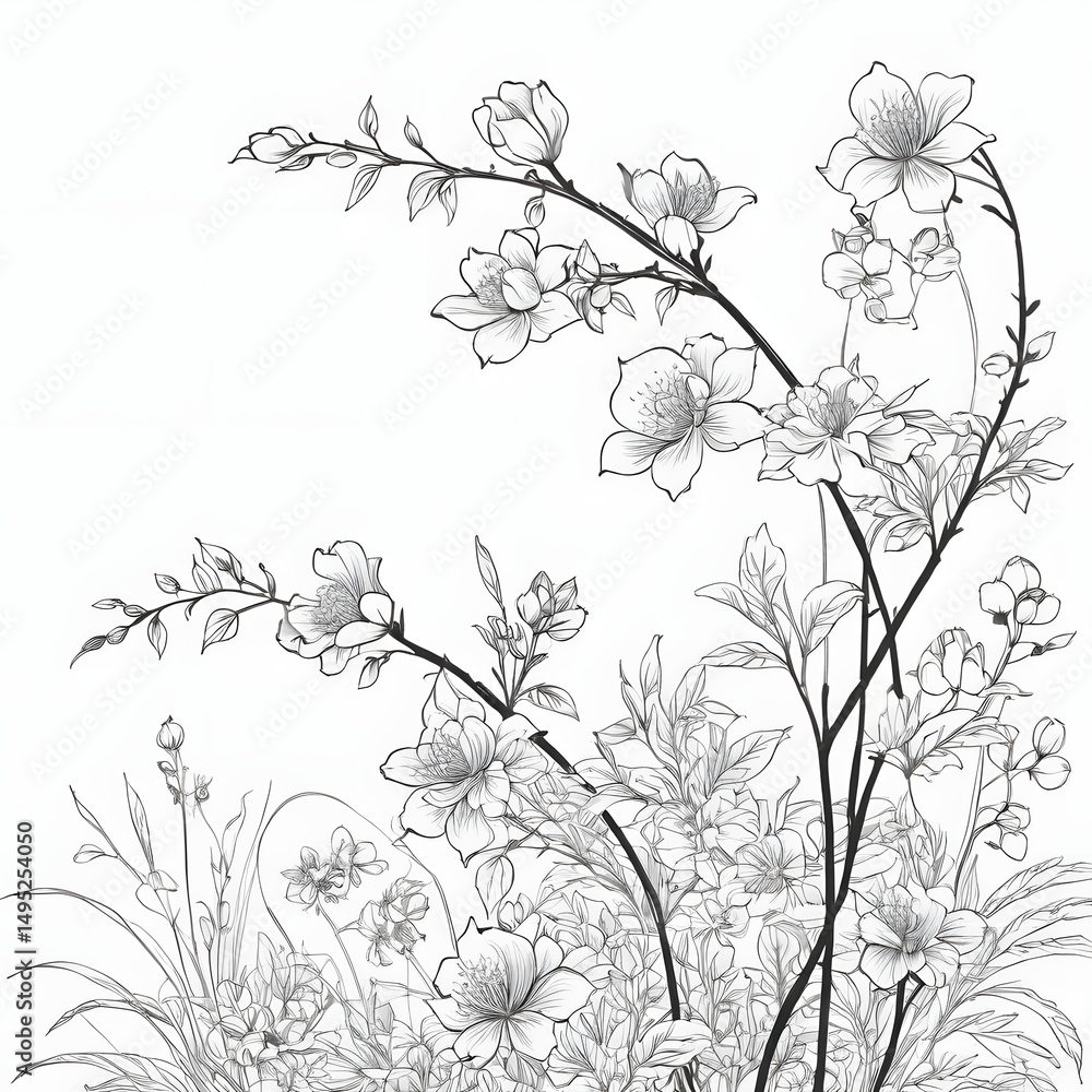 Fototapeta premium Elegant Black and White Botanical Illustration of Blossoming Flowers and Branches