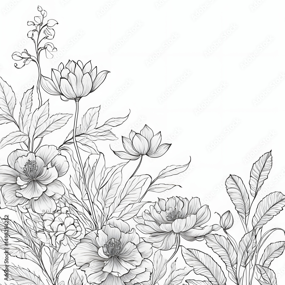 Elegant Monochrome Floral Illustration Botanical Line Art Drawing of Flowers and Leaves Elegant Monochrome Floral Illustration Botanical Line Art Drawing of Flowers and Leaves