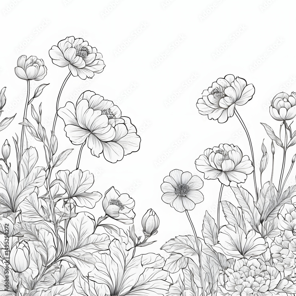 Elegant Monochrome Botanical Illustration Graceful Flowers and Leaves Elegant Monochrome Botanical Illustration Graceful Flowers and Leaves