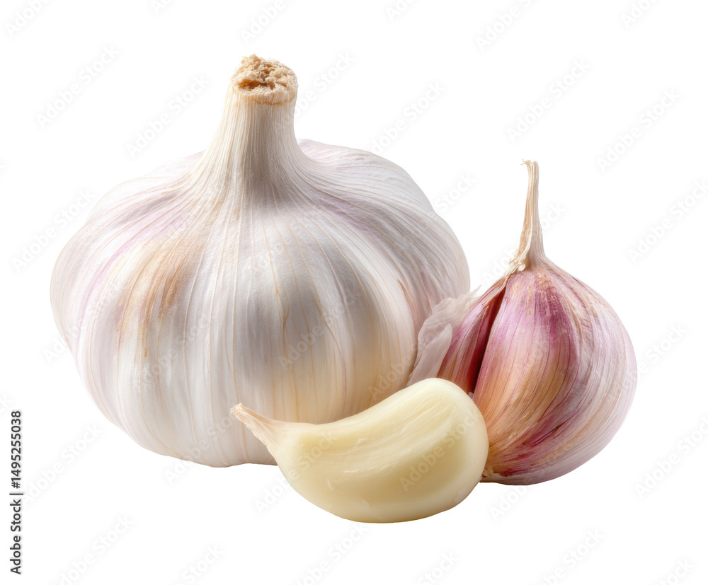 Obraz premium Fresh organic garlic for cooking and healthy recipes in the kitchen on a transparent background, cut out