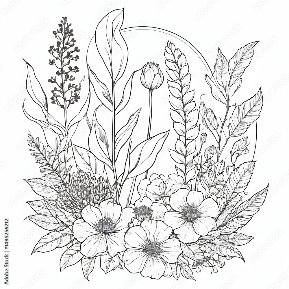 Fototapeta premium Elegant Botanical Line Art Black and White Floral Illustration