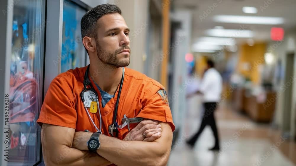 Healthcare Professional contemplation: A focused healthcare professional gazes thoughtfully, embodying dedication and commitment in a modern hospital setting. Healthcare Professional contemplation: A focused healthcare professional gazes thoughtfully, embodying dedication and commitment in a modern hospital setting.