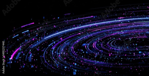 A modern illustration of a retrofuturism poster design is characterized by its use of neon colors and trend retro line style on a dark background, complete with a purple blue gradient design element