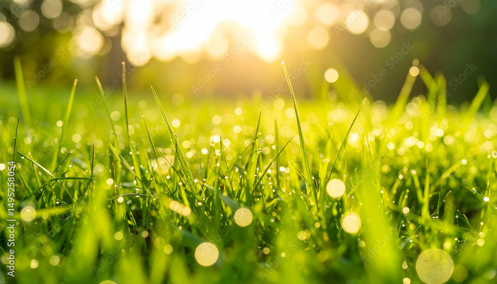 Fototapeta premium Morning Dew on Lush Green Grass A Vibrant Sunrise Scene