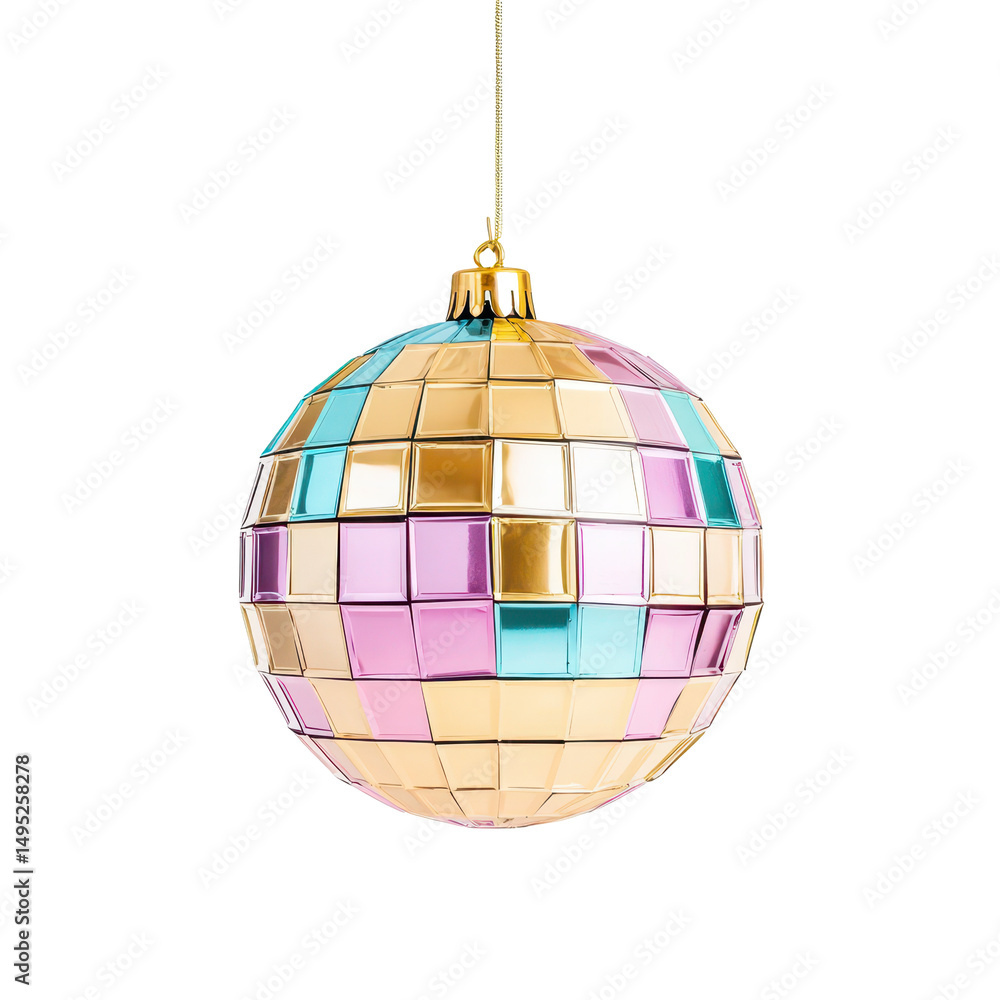 Fototapeta premium Disco Ball Ornament: A shimmering disco ball Christmas ornament, featuring a mirrored surface in shades of pink, gold, and blue. Its geometric pattern adds a touch of retro chic to holiday decor.