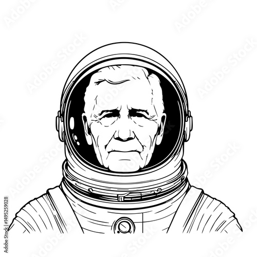Elderly man in astronaut suit looking forward with serious expression  