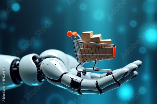 Futuristic Robot Hand Gracefully Gripping Miniature Shopping Cart Amidst Blue Technological Backdrop