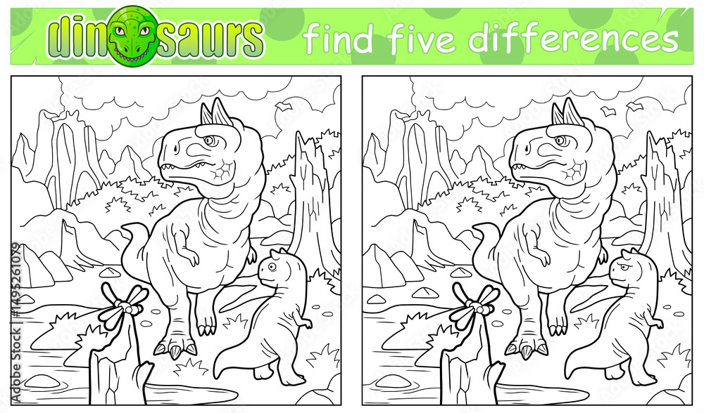 Obraz premium prehistoric funny dinosaur coloring book, find five differences