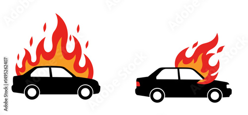 Cars on fire with flames rising in vector illustration