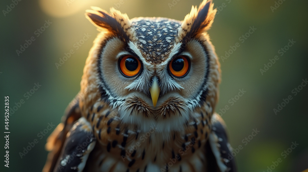 Obraz premium Macro close-up of a wise owl gently perched on a branch, its eyes glowing with mystery and ancient knowledge, bathed in dreamy soft light