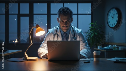 Serious doctor working late at night on a laptop in his office
