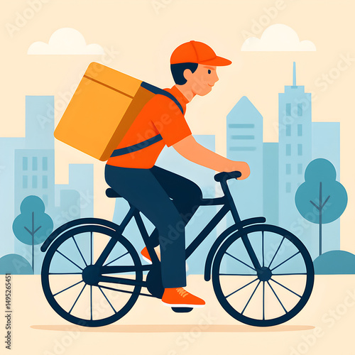 Delivery Person on Bicycle in City