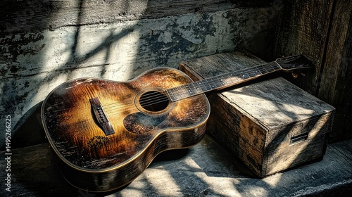 The warm glow of the sun creates dramatic lighting, as an acoustic guitar leans against the wall on a wooden box, casting a shadow on the concrete wall.