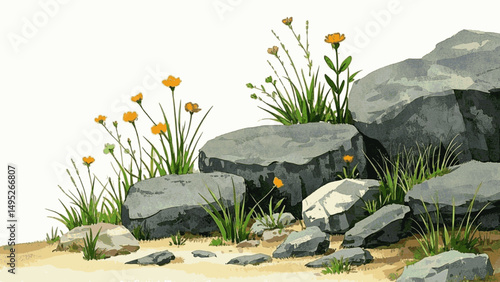 Ethereal Flowers, Earthy Stone: A Wash flowers on stone isolated watercolor vector illustration svg