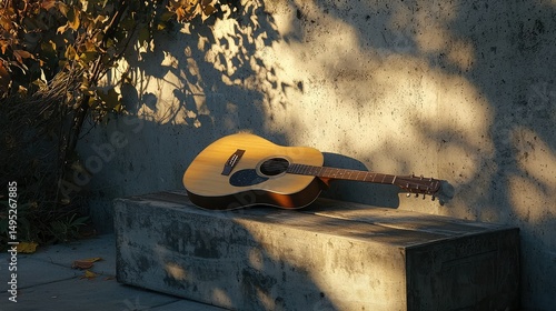 The warmth of the sun highlights the acoustic guitar resting on a music instrument box, creating a soft shadow across the concrete wall.