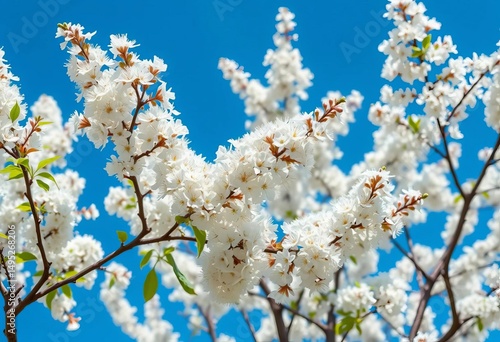 White fringetree blossoms, vibrant blue sky backdrop, tree, branch